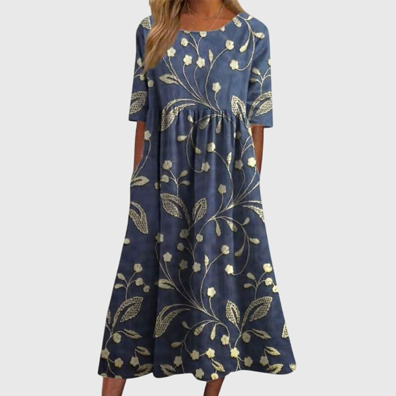 Casual Woven Midi Dress with Floral Print and Elbow Sleeves – Kate and Wendy