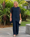 Women's Woven Two-Piece Set with Layered Hem Top and Wide-Leg Pants