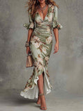 Maxi Dress – Green Floral Puff-Sleeve Slit