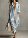 Casual Maxi Shirt Dress with Stripe Pattern and Pockets