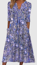 Midi Dress with Floral Print and Side Pockets