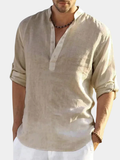 Casual Blend Shirt with Band Collar and Henley Placket
