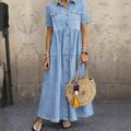 Casual chambray maxi dress with button front and tiered skirt