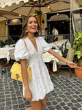 Casual Embroidered Mini Dress with V Neck and Puff Sleeves