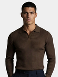 Casual knit shirt with open collar and ribbed bands