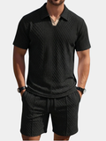 Casual Knit Short Set with Polo Collar and Drawstring Waist