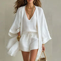 Casual Linen-Blend 3-Piece Set with V-Neck Top and Kimono Layer