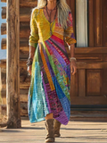 Casual Linen-Blend Maxi Dress with V Neck and Sunburst Print
