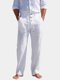 Casual Linen-Blend Pants with Button Fly and Drawstring Waist