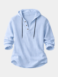 Casual Linen-Blend Pullover Shirt with Hood and Button Placket
