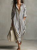 Casual Linen Blend Shirt Dress with Stripe Pattern and Pockets