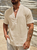 Casual Linen-Blend Shirt with Band Collar and Button Placket