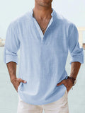 Casual Linen-Blend Shirt with Band Collar and Half Placket
