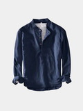 Casual Linen Shirt with Band Collar and Four-Button Placket