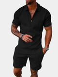 Casual Polyester-Blend Polo Set with Zip Placket and Shorts