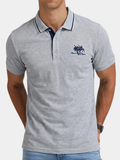Casual polyester-blend polo shirt with ribbed collar and chest embroidery