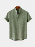 Casual Polyester Blend Shirt with Band Collar and Chest Pocket