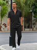 Casual Polyester Shirt Set with Button Front and Drawstring Pants