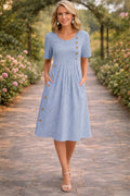 Casual Striped Midi Dress with Button Front and Pockets