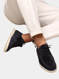 Casual suede loafers with lace-up front and moc toe