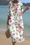 Casual Woven Midi Dress with Floral Print and Crew Neck