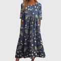 Casual Woven Midi Dress with Floral Print and Elbow Sleeves
