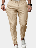 Casual Woven Pants with Drawstring Waist and Creased Front