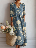 Cla | Botanical Print V-Neck Pocket Midi Dress for Women
