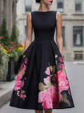 Danica | Black Floral A-Line Midi Cocktail Dresses