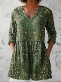 Floral Print Woven Top with V Neck and 3/4 Sleeves