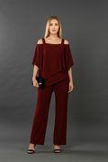 Formal Chiffon Pant Set with Asymmetrical Overlay and Cold Shoulder
