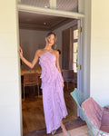 Formal Pleated Maxi Dress with Halter Neckline and Ruffle Trim