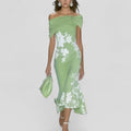 Formal Polyester Midi Dress with Off-Shoulder Neckline and Floral Print