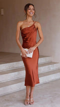 Formal Satin Midi Dress with One Shoulder Strap and Back Tie