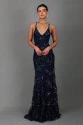 Formal Sequin Mesh Maxi Dress with Open Back and Spaghetti Straps