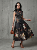Greta | Black Floral Pleated Midi Cocktail Dresses