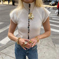 Knit Polyester Top with High Neck and Button Placket
