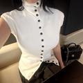 Knit Polyester Top with High Neck and Button Placket