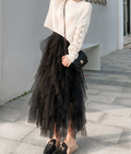 Layered Mesh Maxi Skirt with Ruffles and Elastic Waist