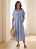 Almudena | Striped Gathered-Waist Midi Dress