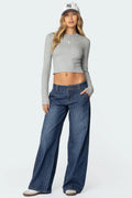 Low Rise Denim Jeans with Wide Legs and Pinstripes