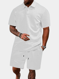 Matching Knit Polo Set with Button Placket and Drawstring Shorts
