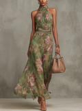 Maxi Chiffon Dress with Halter Neck and Floral Print