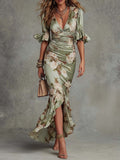 Maxi Dress – Green Floral Puff-Sleeve Slit