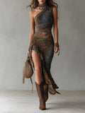Maxi Dress with One-Shoulder Neckline and High Slit