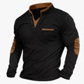 Men's Casual Knit Henley Top with Stand Collar and Elbow Patches