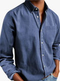 Men's Casual Woven Button-Up Shirt with Point Collar and Chest Pocket