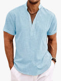 Men's Casual Woven Polo Shirt with V Neck and Band Collar