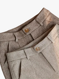 Men’s Herringbone Dress Pants with Front Pleats and Button-Tab Cuffs
