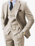 Men's Herringbone Woven Suit Set with Notched Lapel and Vest